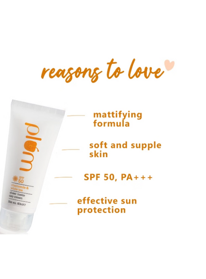 Plum Chamomile & White Tea SPF 50 PA+++ Sheer Matte Day Cream | Oil-Free Sunscreen for Glowing Skin (60ml)